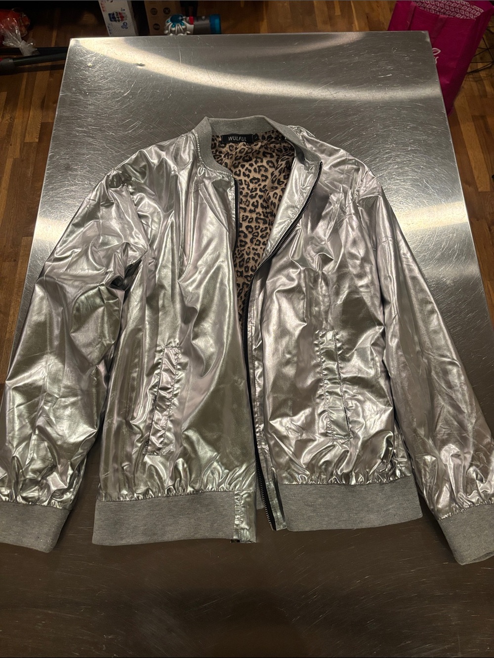 Metallic Silver Bomber Jacket with Leopard-Print Lining